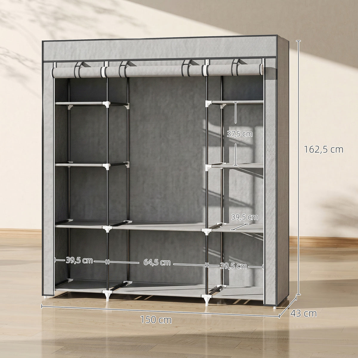 Armoire de rangement penderie en tissu pliable avec barre de suspension et étagères, 150 x 43 x 162,5 cm, gris clair-2