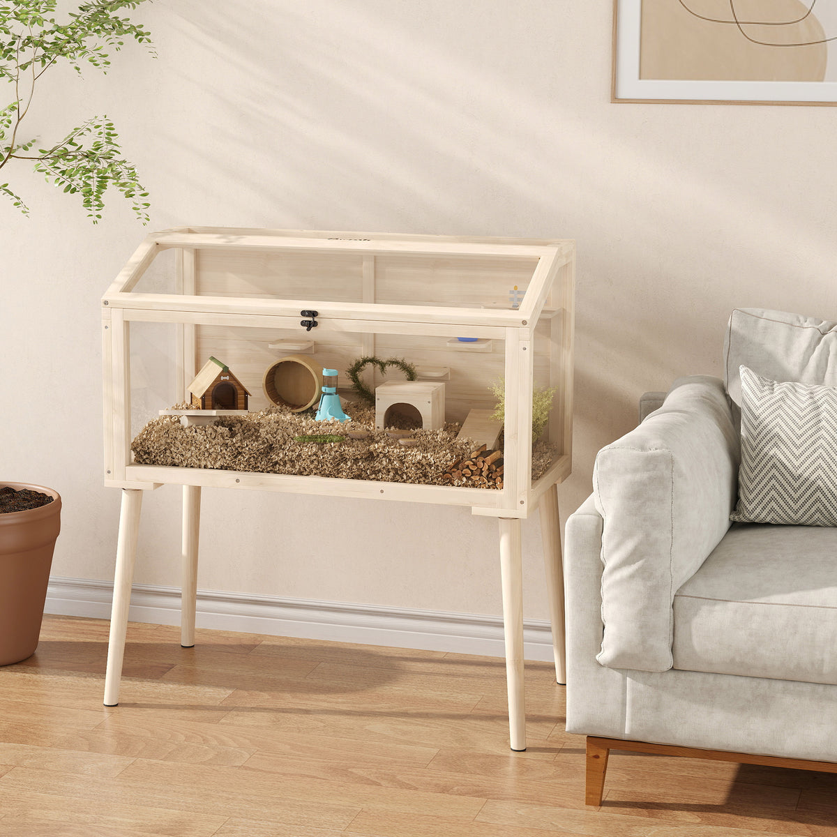 Cage hamster habitats pour rongeur bois toit ouvrable 7 plateformes 2 balançoires 110x52x101cm effet bois naturel-1