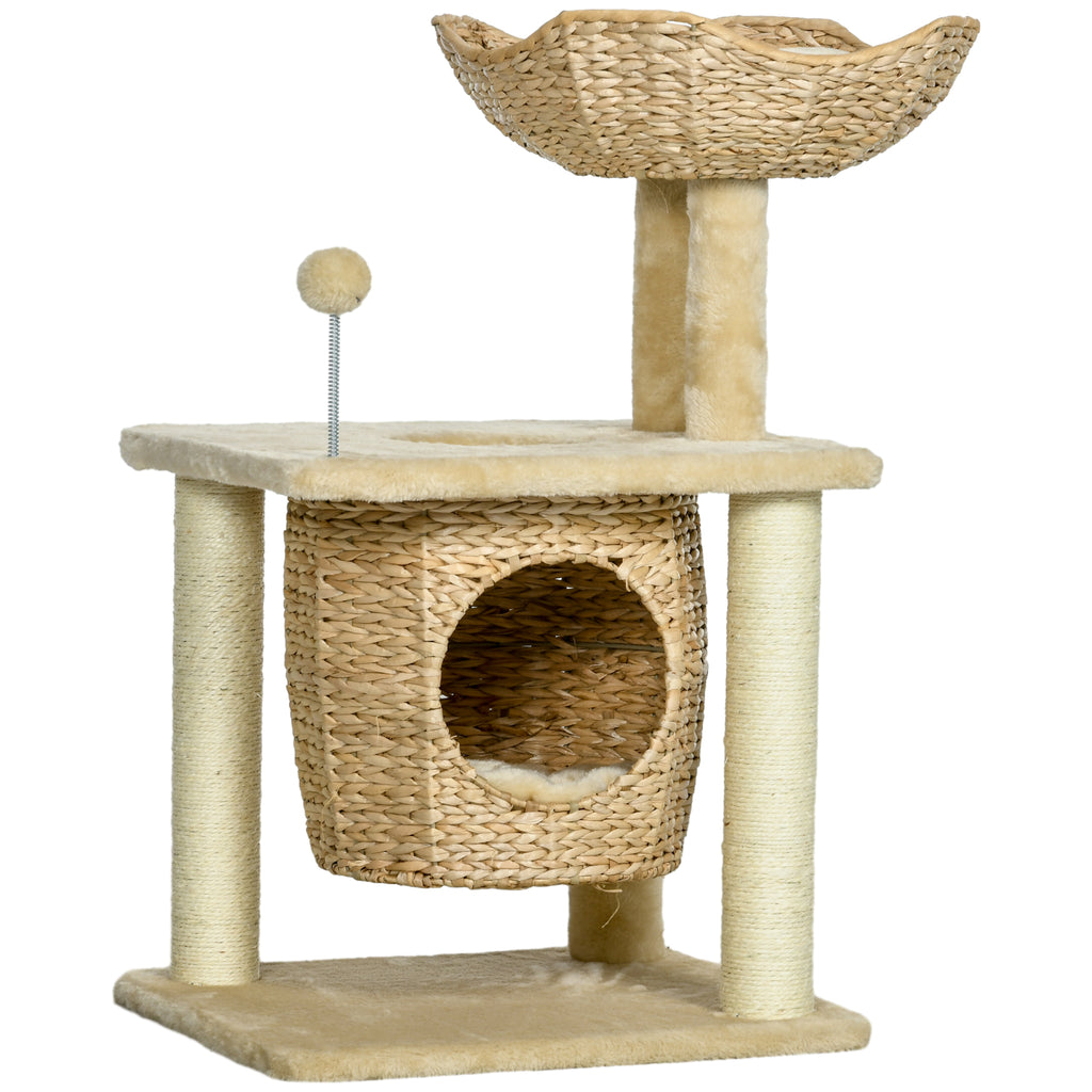 Arbre à chats griffoir sisal naturel 1 niche panier pompon peluche jacinthe d'eau 45 x 40 x 74 cm beige-0