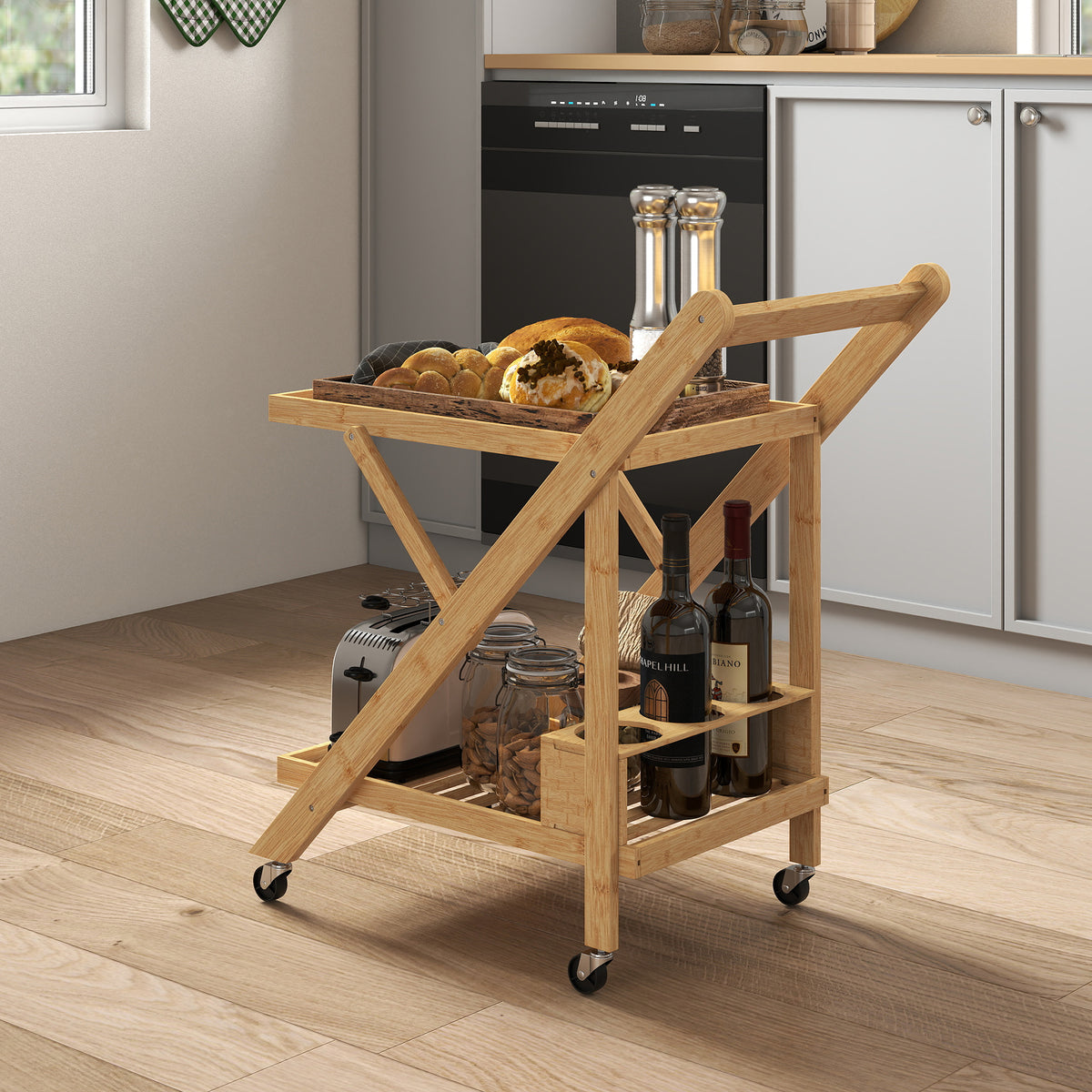Desserte de cuisine en bambou chariot de service pliable 2 plateaux 4 roues 3 casiers à vin 66 x 40 x 70 cm bois naturel-9