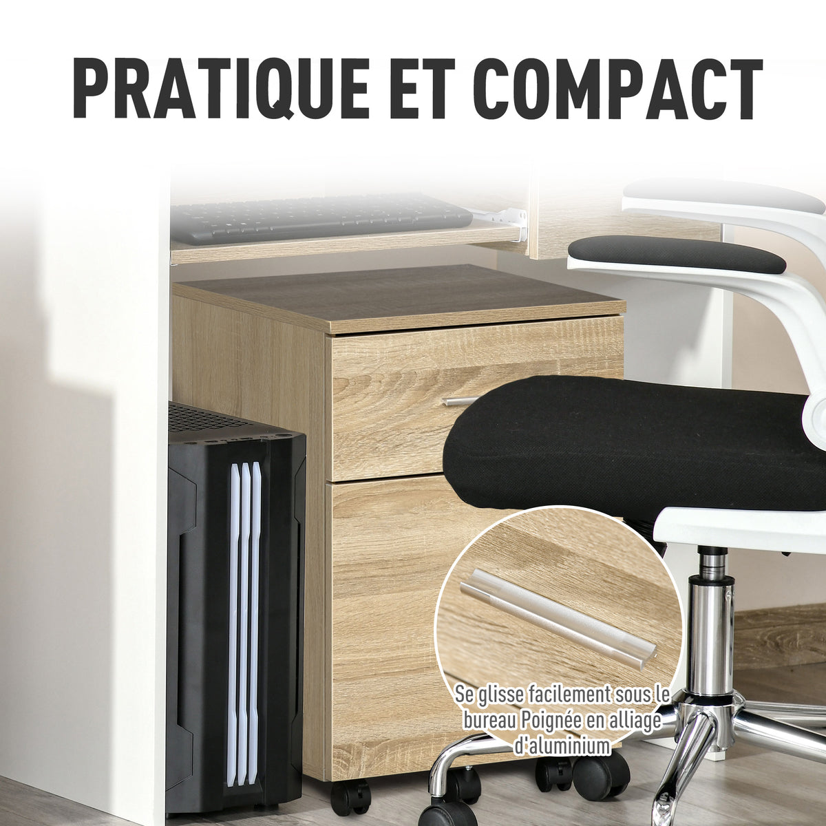 Caisson de bureau caisson de rangement mobile 2 tiroirs 5 roulettes en panneau de particules 39,5 x 39 x 58,5 cm-5