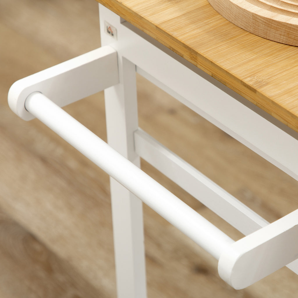 Ensemble table de bar pliable roulettes + 2 tabourets blanc et bois clair - 2 tiroirs et porte-torchons-8