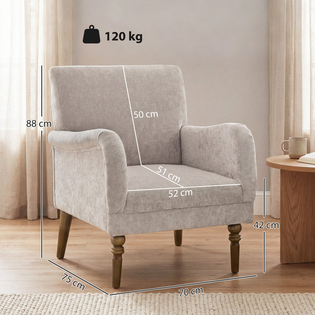 Fauteuil de salon, canapé 1 place avec dossier haut, accoudoirs, assise large, pieds en bois d'hévéa, tissu en lin, gris-2