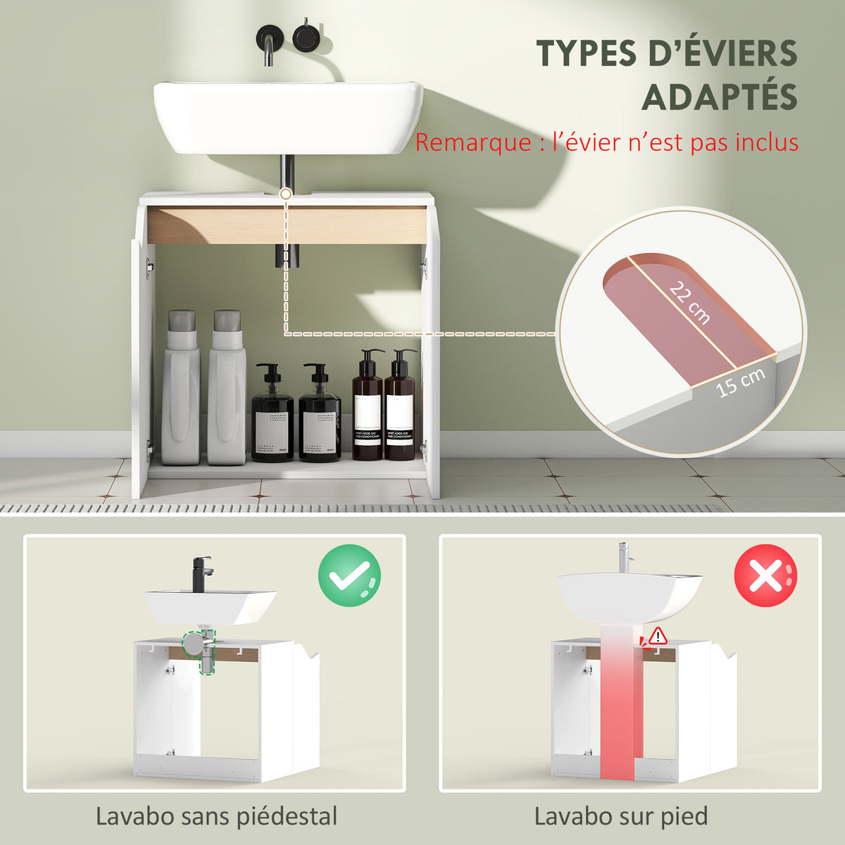 Meuble sous lavabo, meuble de salle de bain avec 2 portes à fermeture douce, 60 x 35 x 57,9 cm, blanc et bois naturel-3