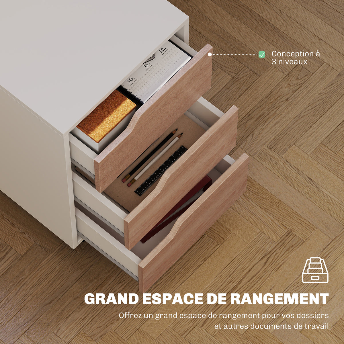 Caisson bureau mobile, meuble rangement bureau sur roulettes, 3 tiroirs, 40x50x57,5cm, blanc et chêne-3