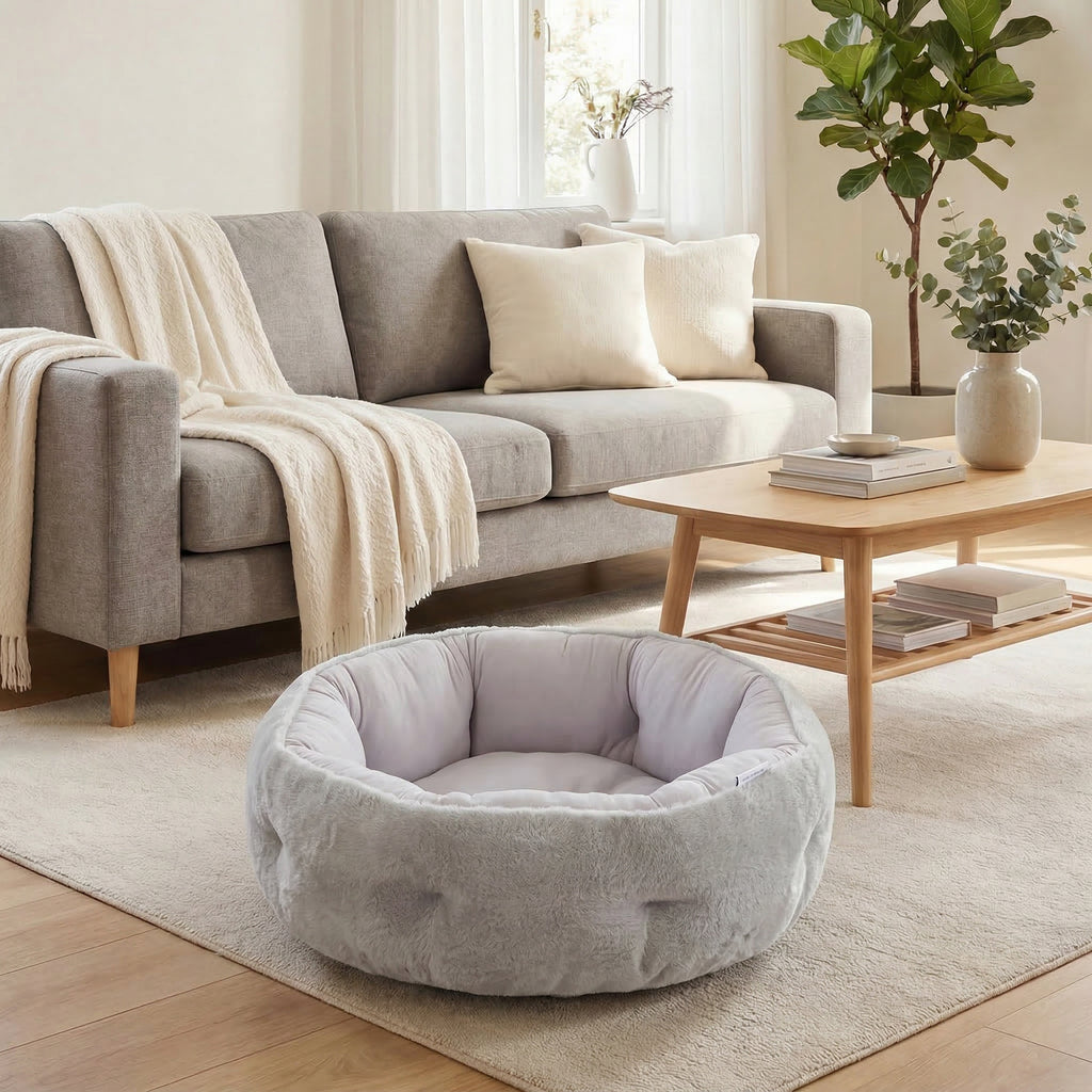 Lit pour chat réversible, lit pour chats d'intérieur et petits chiens, lit rond avec rebord de soutien, gris clair-1