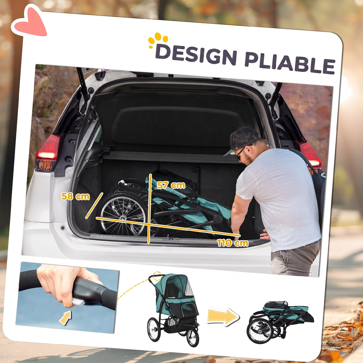 Poussette pour Chien Pliable Tout Terrain, Roue Avant Verrouillable, Coussin, Auvent Réglable, 111x58x107cm, Vert Foncé-5