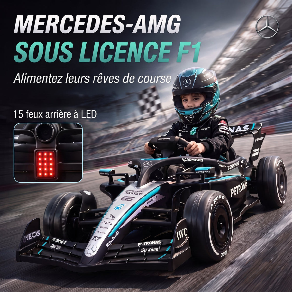 Kart Électrique Enfants 12V, Go Kart Mercedes-AMG PETRONAS F1 avec 2 Moteurs, Télécommande, 3 Vitesses, Noir-3