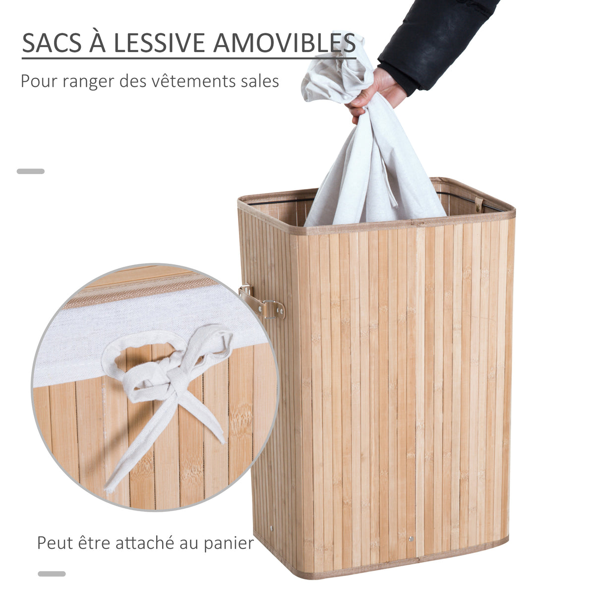 Panier à linge corbeille à linge bac à linge bambou pliable couvercle sac amovible 3 poignées PU 40L x 30l x 60H cm beige-4