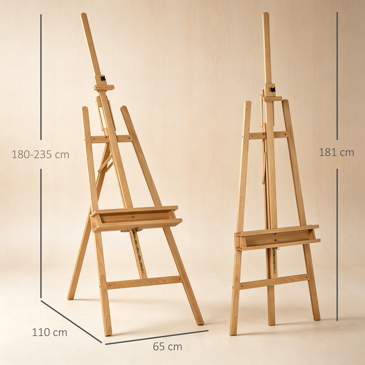 Chevalet de peinture pliant en hêtre avec hauteur et angle réglables, 65x110x180-235 cm, bois naturel-2