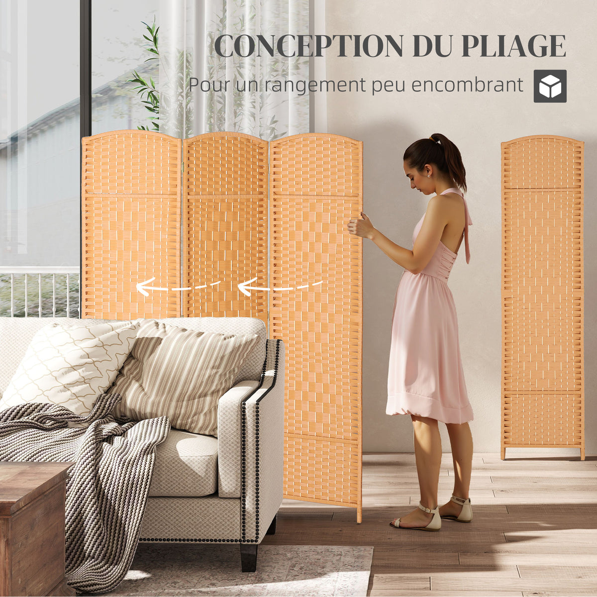 Paravent intérieur en bois 3 panneaux séparateur de pièce pliable pour salon chambre 135 x 180 cm brun clair-3