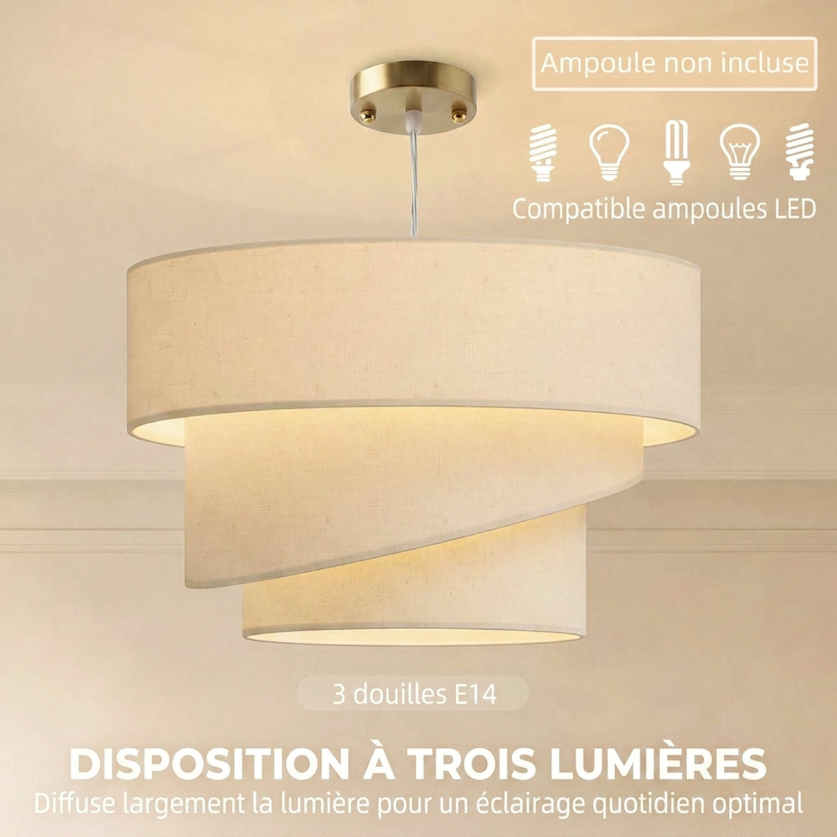 Suspension Luminaire à 3 Abat-Jour Effet Lin, Ampoule Non Incluse E14 40 W, Câble Réglable, Rosace Dorée, Beige-4
