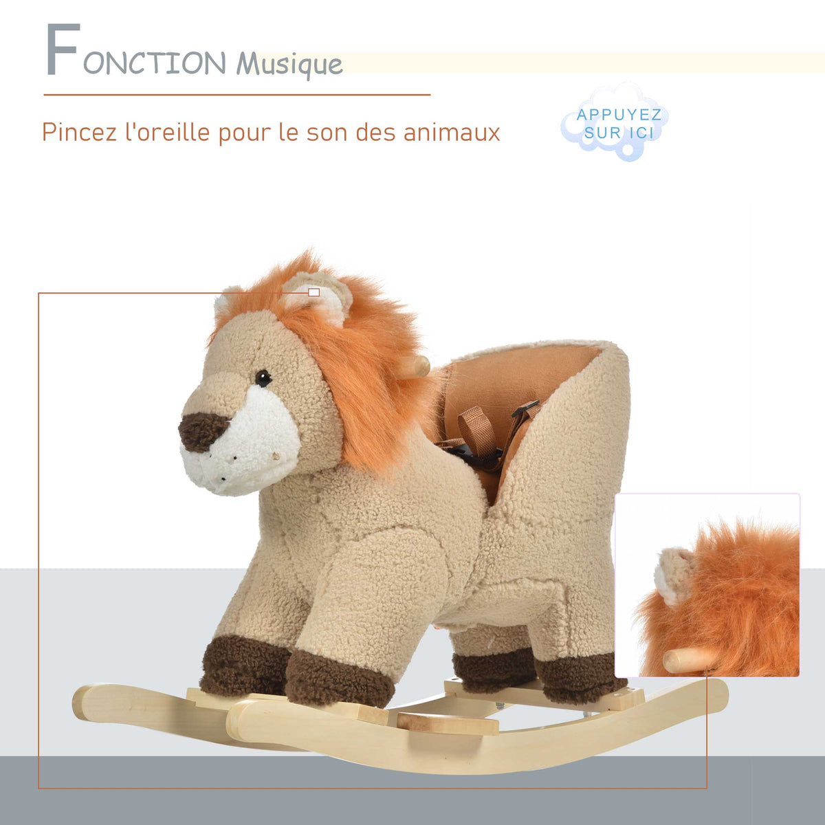 Cheval à Bascule modèle Lion Fonction Musicale Selle Grand Confort Peluche Courte Douce Pour Enfants 18-36 Mois Bois peuplier Marron dim. 68L x 35l x 50H cm-6