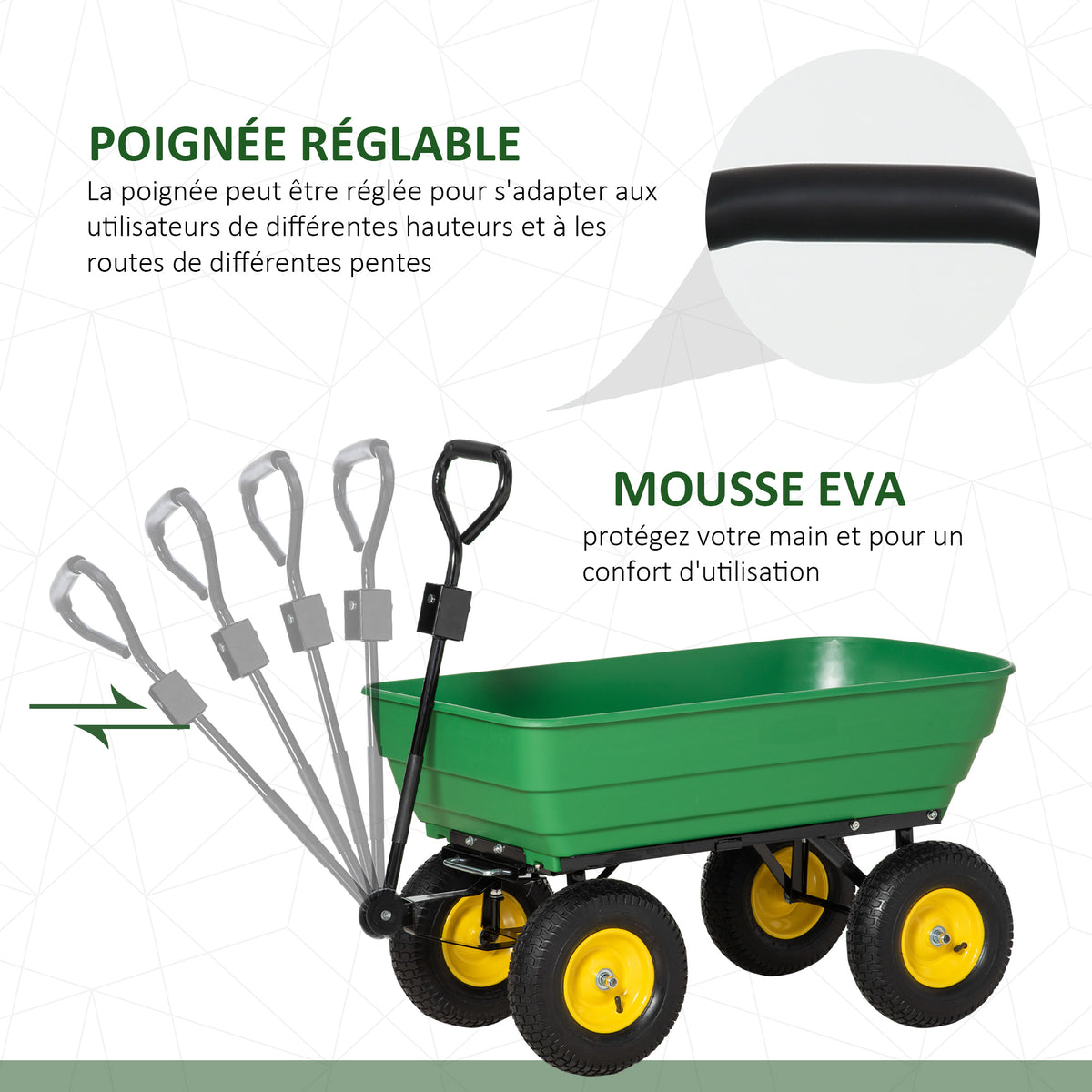 Chariot de Jardin à Main Benne basculante 75° 125L Charge Max. 200 Kg 4 Roues pneumatiques Acier PP Jaune Vert-4