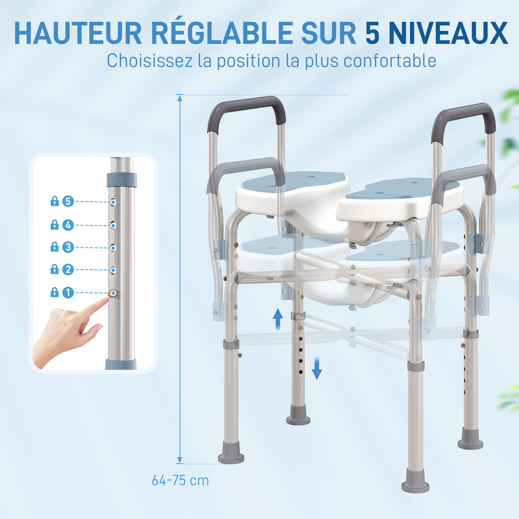 Chaise de douche avec accoudoirs siège de douche en forme U hauteur réglable anti-dérapant 53 x 36 x 64-75 cm bleu clair-4