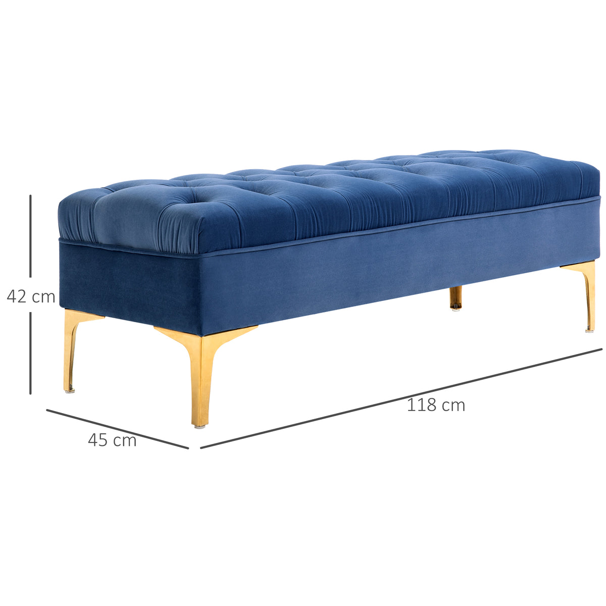 Banc banquette capitonnée bout de lit style classique chic 118L x 45l x 42H cm piètement métal doré velours bleu-2