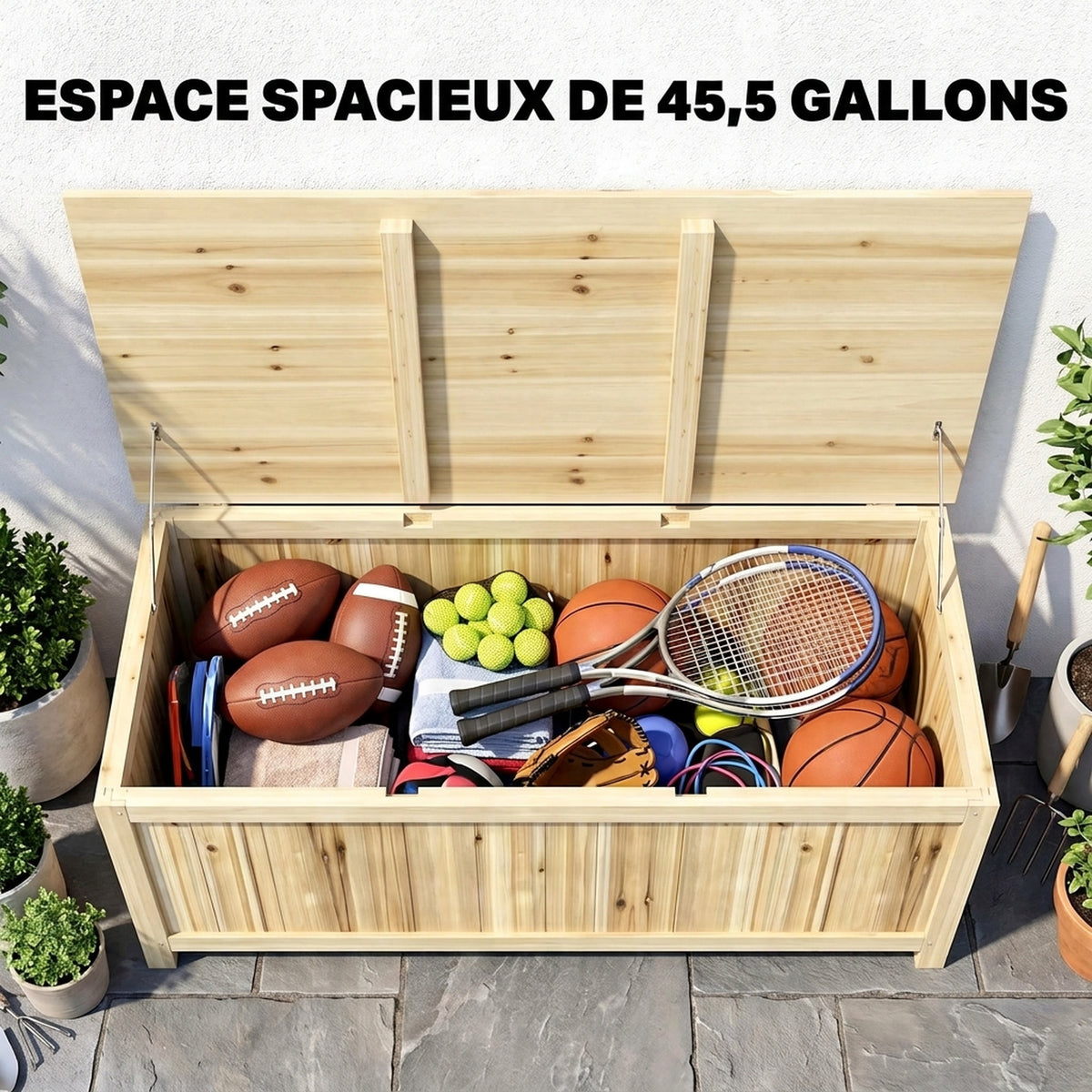 Coffre de rangement jardin en bois 172L avec vérins, pour l'extérieur - 120L x 55l x 45H cm-3