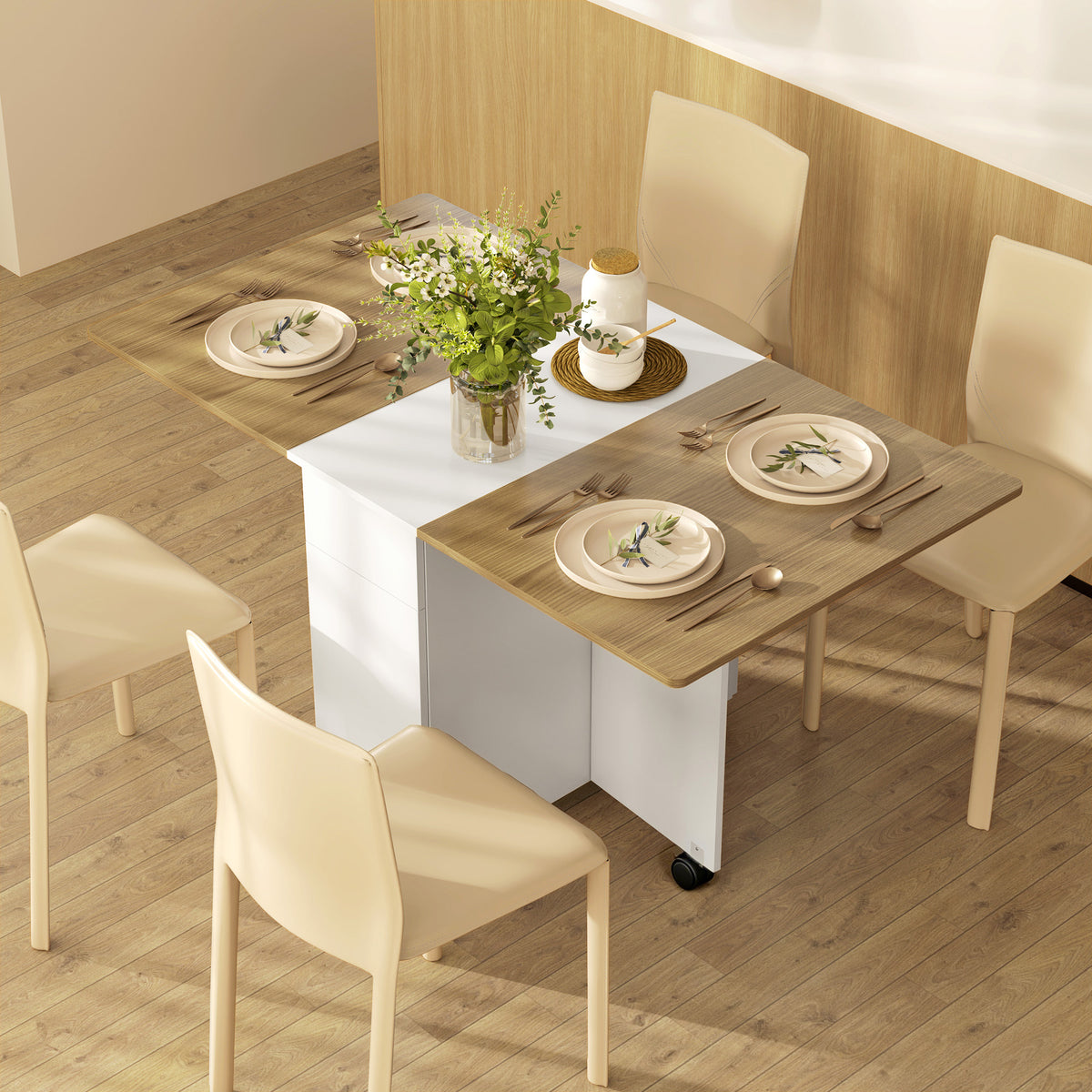 Table à manger pliable pour 6 personnes, table de cuisine sur roulettes avec 2 tiroirs 2 placards, 140x76x74cm, blanc-1