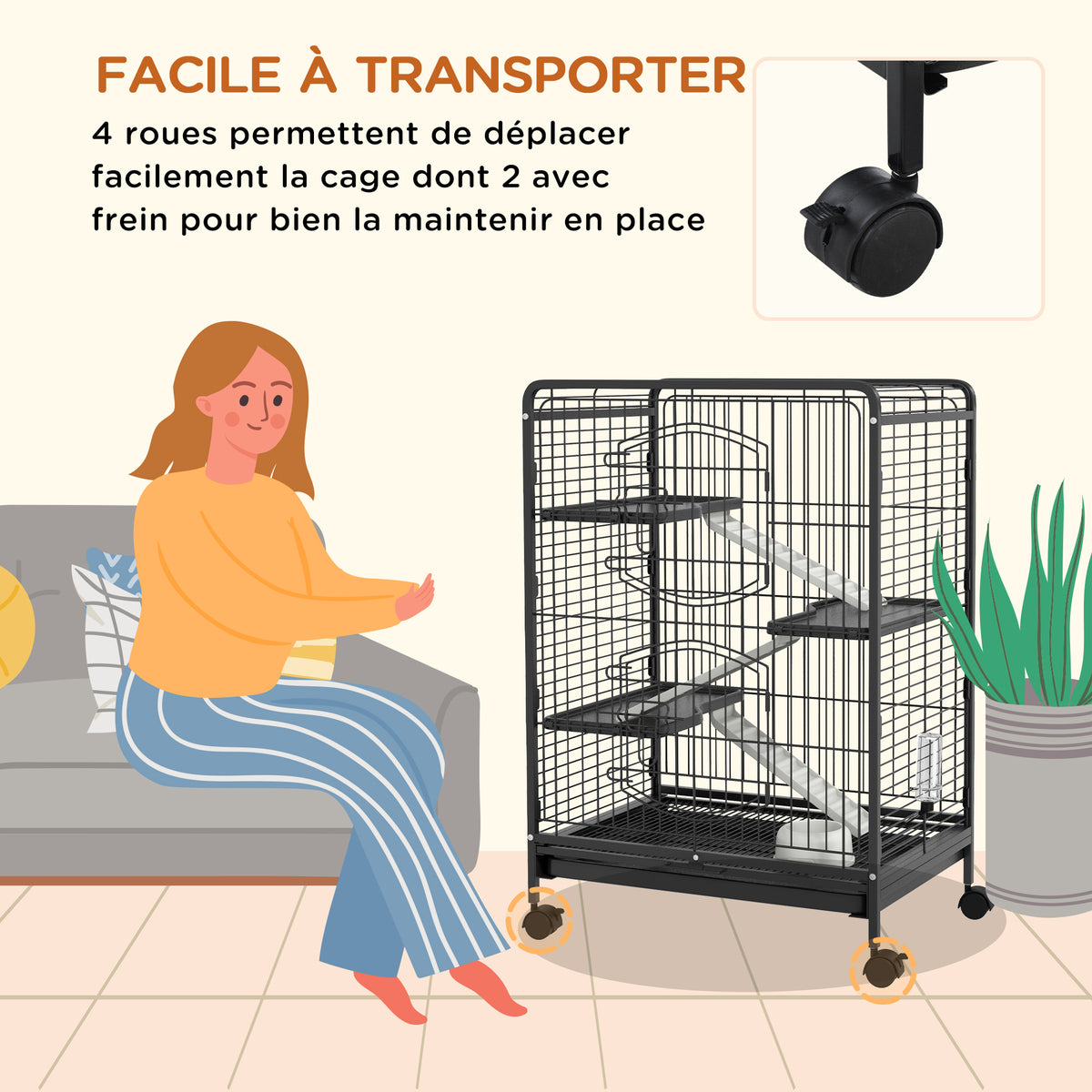 Cage pour rongeurs cage pour Petits Animaux Roulante 3 Rampes 3 Plates-formes Plat et Bouteille d'Eau Bac Inférieur Amovible pour lapin vison d'animaux chinchilla Acier PP 61,5x44x95cm Noire-4
