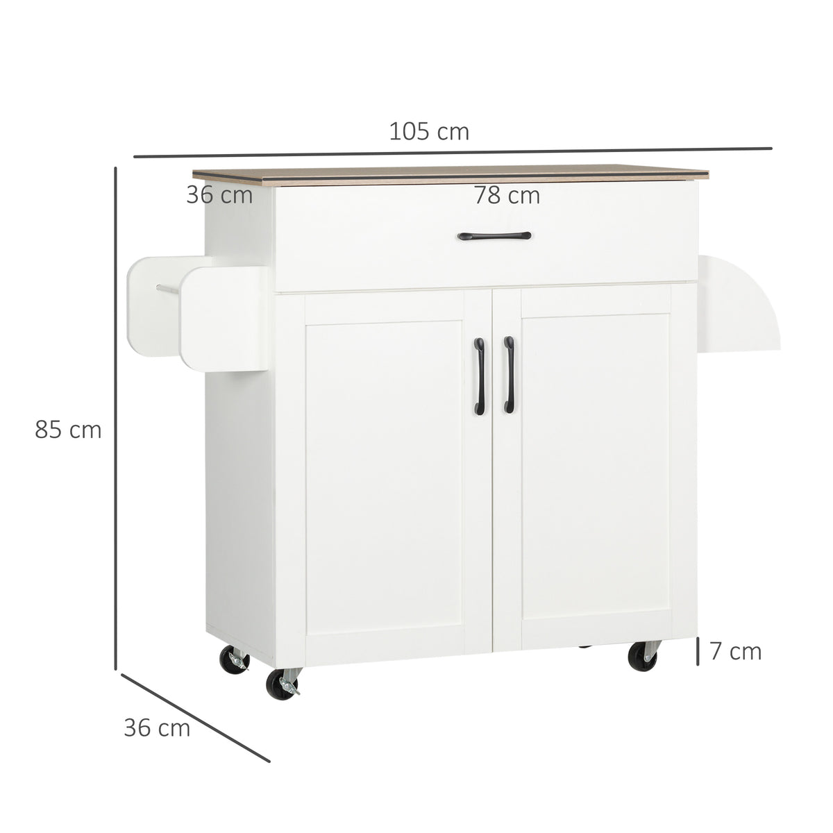Dessert îlot de cuisine multi-rangements 1 tiroir 1 placard 2 portes avec étagère réglable porte-torchons et porte-épices - bois blanc-2