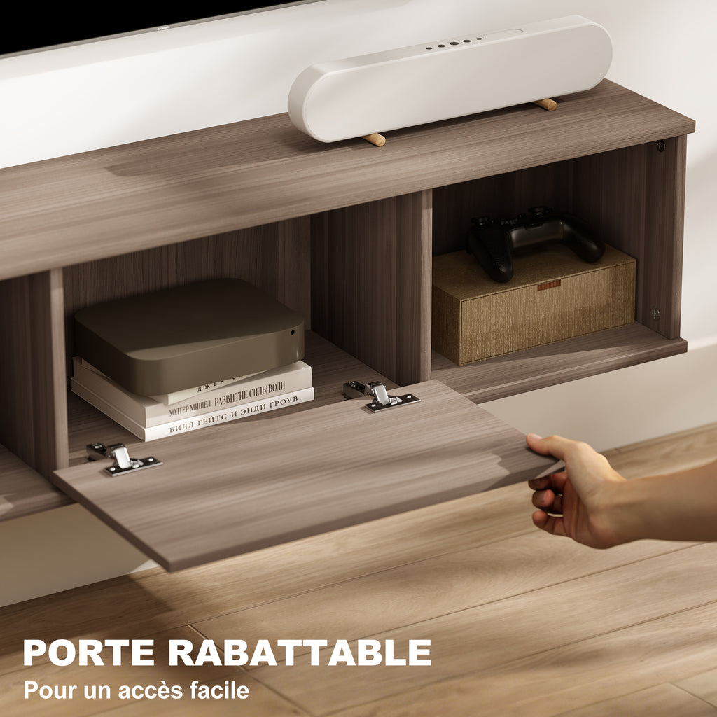 Meuble TV suspendu, Armoire murale avec 2 compartiments ouverts et porte rabattable, 120 x 30 x 29,5 cm, marron-4