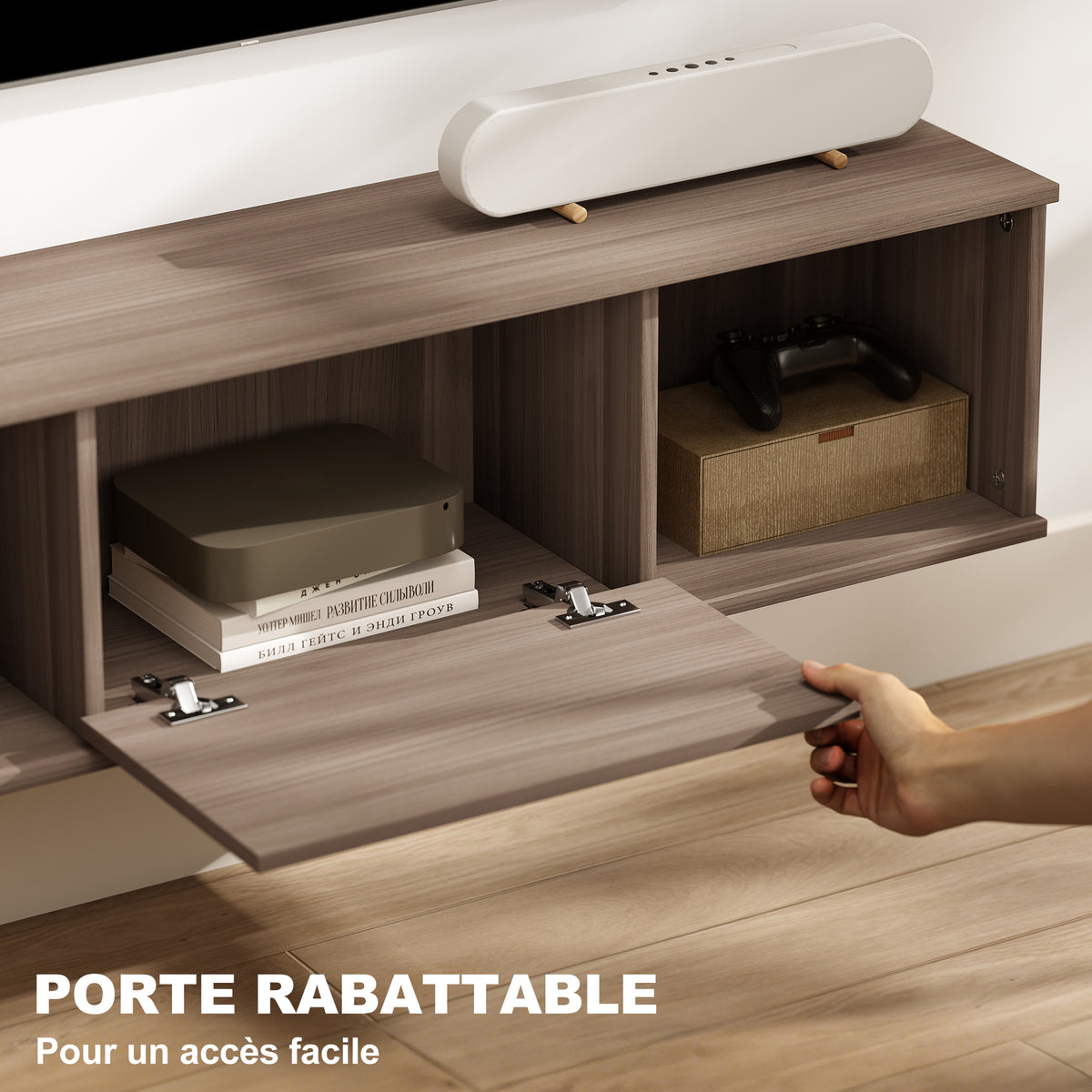 Meuble TV suspendu, Armoire murale avec 2 compartiments ouverts et porte rabattable, 120 x 30 x 29,5 cm, marron-4