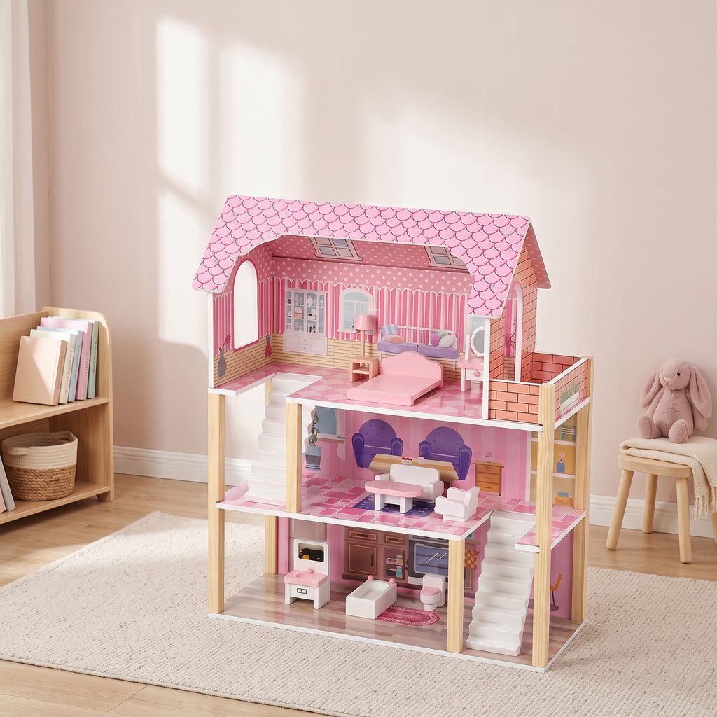 Maison de Poupée en Bois pour Enfants, Maison de Rêve Filles à 3 Étages avec Balcon, Escaliers et 10 Accessoires, Rose-8