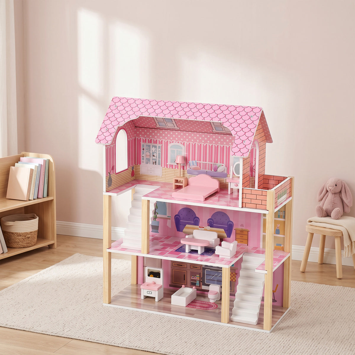 Maison de Poupée en Bois pour Enfants, Maison de Rêve Filles à 3 Étages avec Balcon, Escaliers et 10 Accessoires, Rose-8
