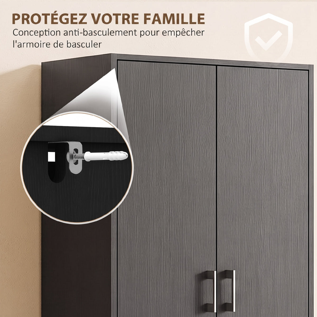 Buffet haut armoire de cuisine 4 portes 2 placards et 1 tiroir central hauteur 180 cm avec 2 étagères réglables noir-6