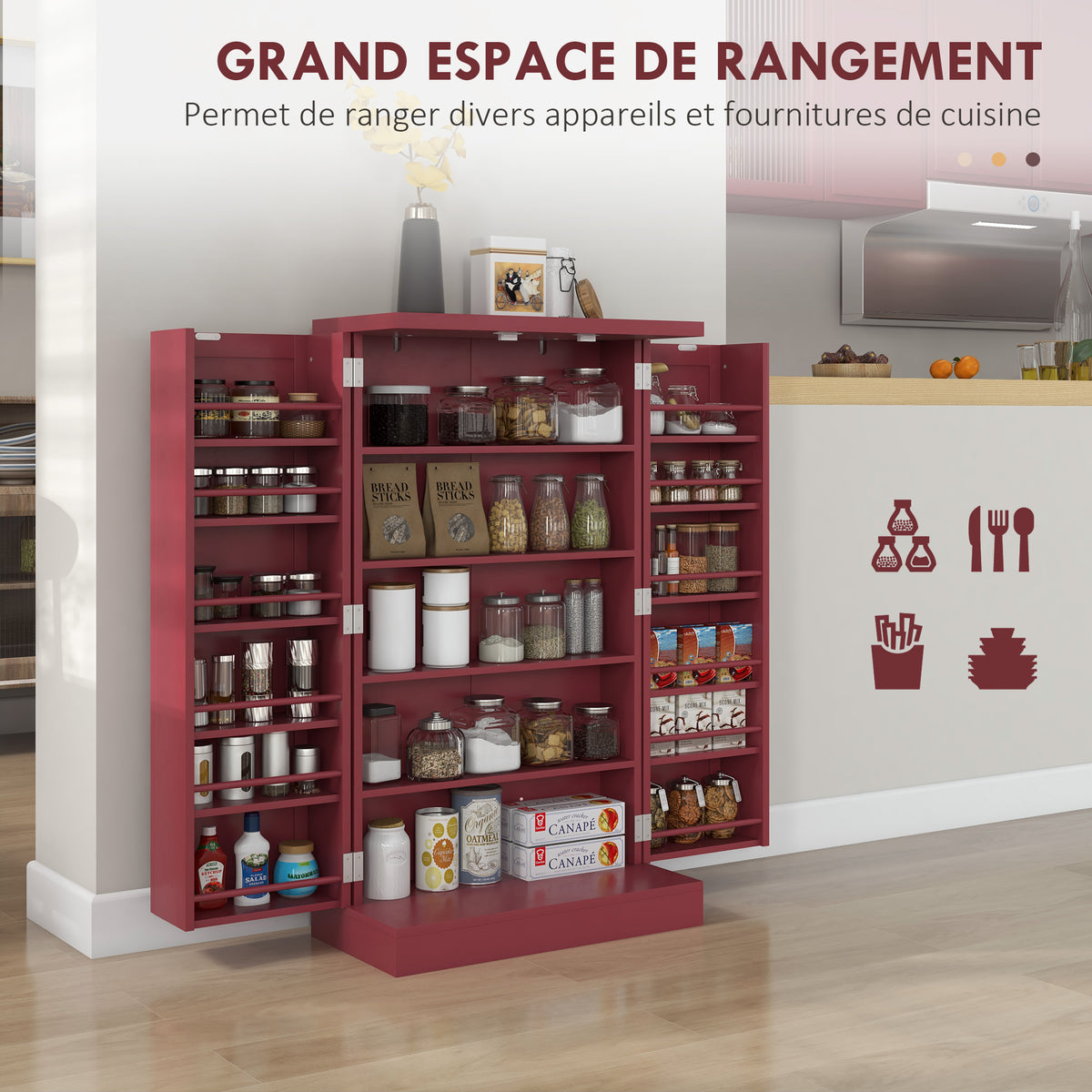 Armoire meuble de cuisine garde-manger 2 portes avec 5 étagères et 12 porte-épices - 60 x 30 x 104 cm - rouge-3