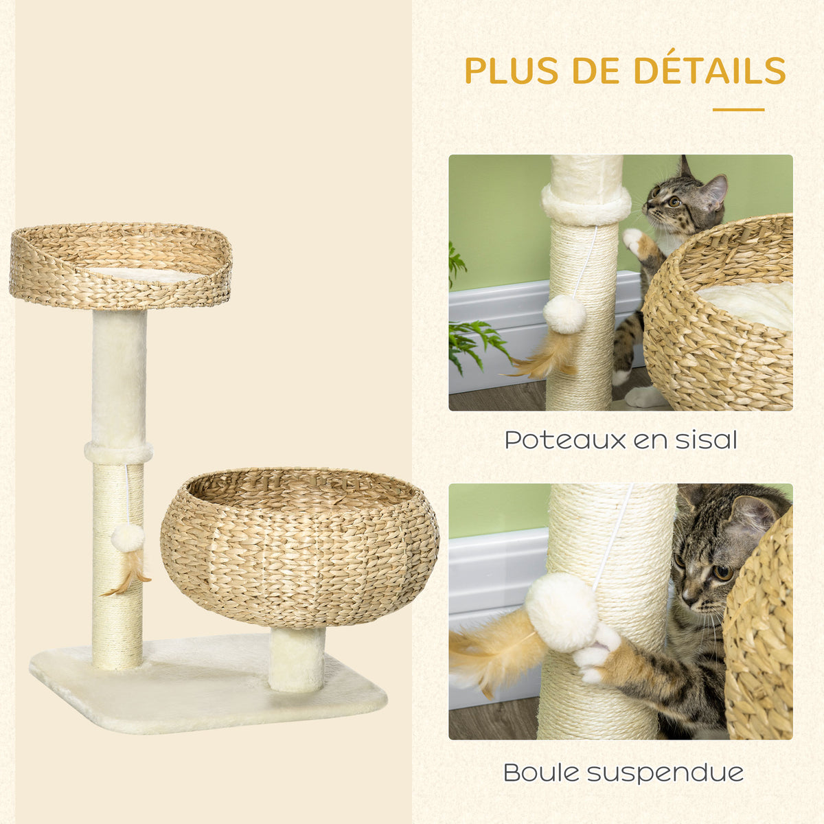 Arbre à chat griffoir 2 niveaux hauteur 72 cm poteau sisal avec niche et plateforme 1 balle suspendue-4
