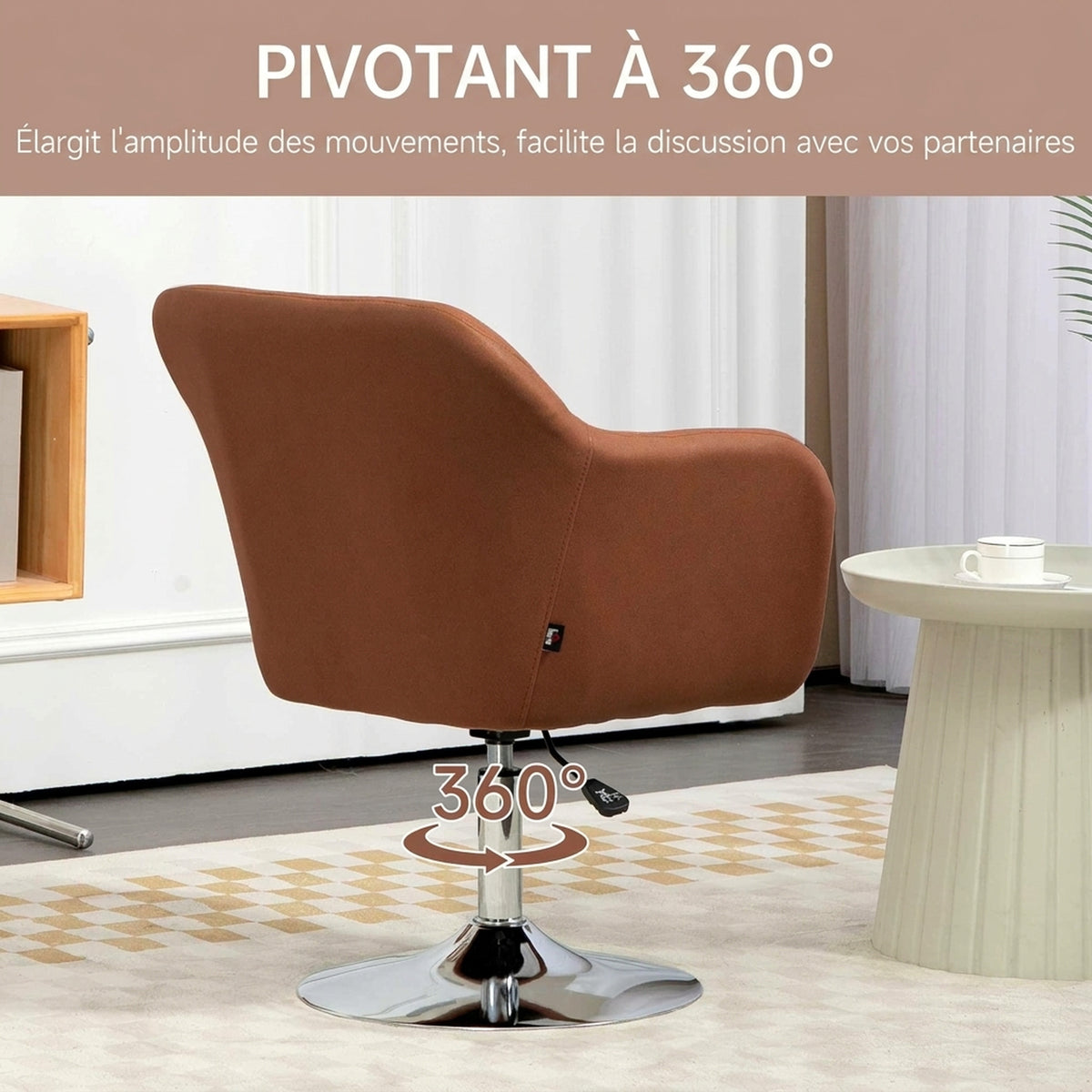 Fauteuil de salon coussins lombaires hauteur réglable pivotant 360° piètement en métal marron-4