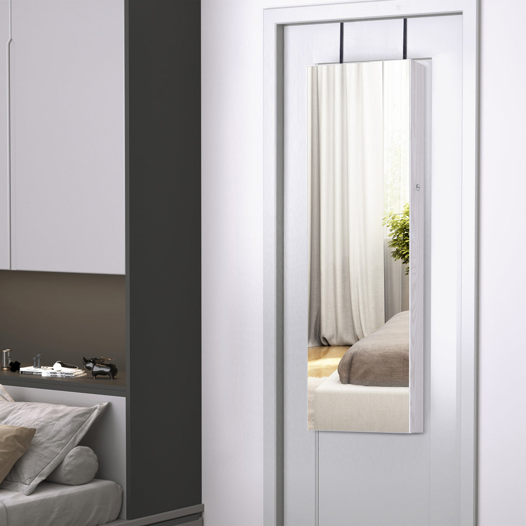 Armoire à bijoux suspendue au mur ou à la porte avec miroir, LED, 5 étagères, 2 tiroirs, 37x10x120cm, effet bois grisé-6