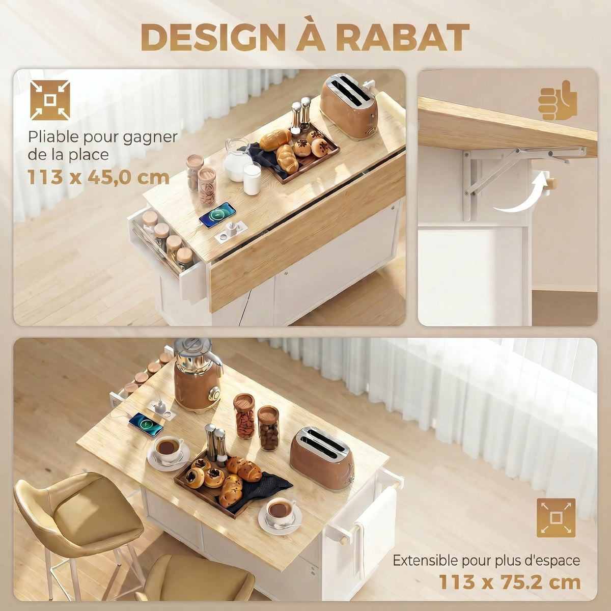 Îlot Central Cuisine avec Plateau Rabattable 2 Prises et 2 Ports USB Desserte de Cuisine sur Roulettes 3 Tiroirs Blanc-3