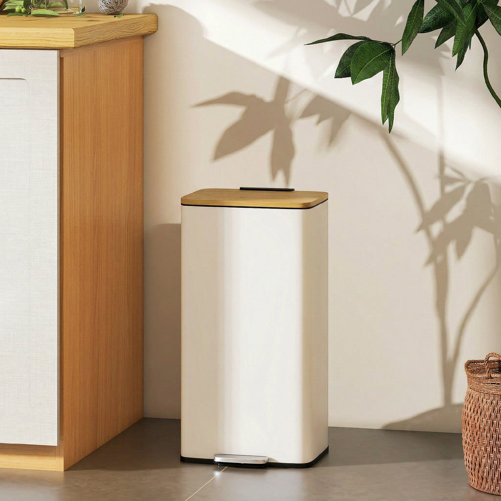 Poubelle de Cuisine 20L, Poubelle avec Pédale, Couvercle en Bambou à Fermeture Douce, Seau Intérieur Amovible, Blanc-7