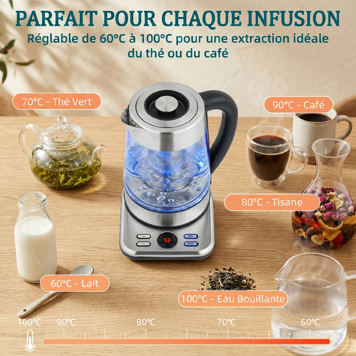 Bouilloire électrique, 1,7L, ébullition rapide 2200W avec thermostat strix, infuseur à thé, fonction maintien au chaud-5
