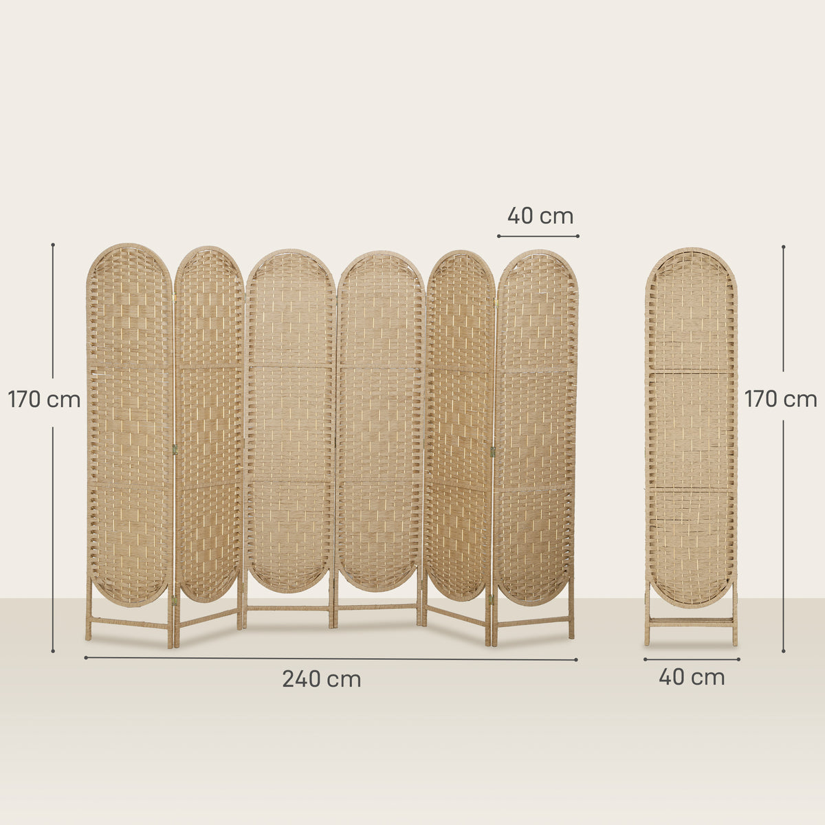 Paravent interieur ovale 6 panneaux 240 x 170 cm séparateur de pièce pliable, léger et tissé, bois naturel-2