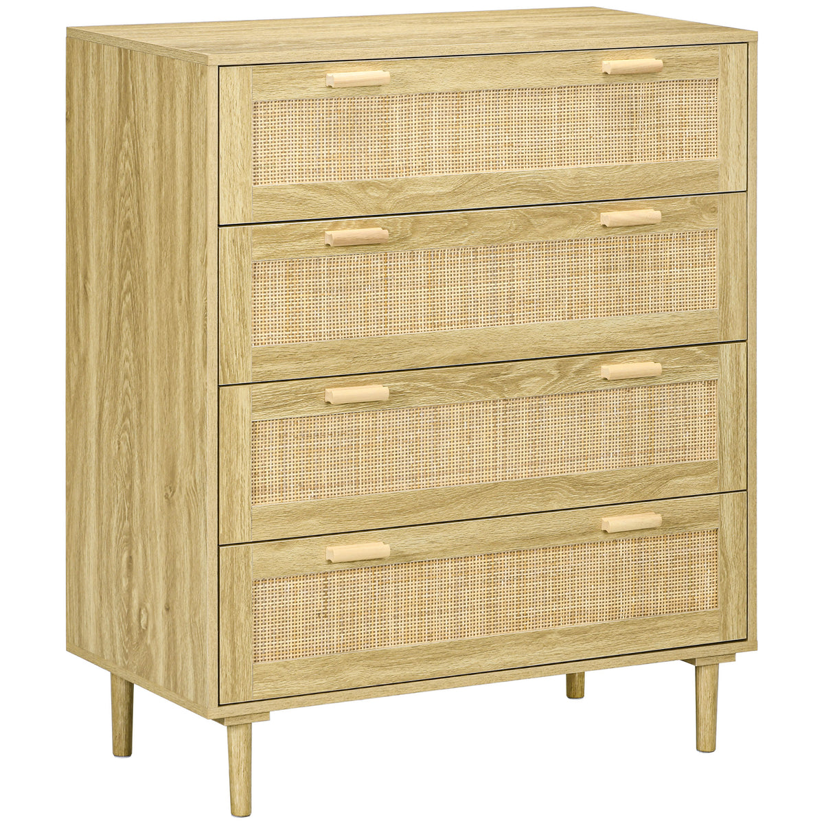 Commode 4 tiroirs meuble de rangement façade tissage en rotin style bohème dim. 90l x 45P x 108,5H cm Aspect Bois Clair-0