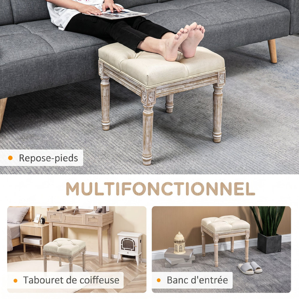 Repose pied salon, ottoman, siège rembourré en tissu aspect lin avec pieds en bois d'hévéa, 40 x 40 x 43 cm, beige-5