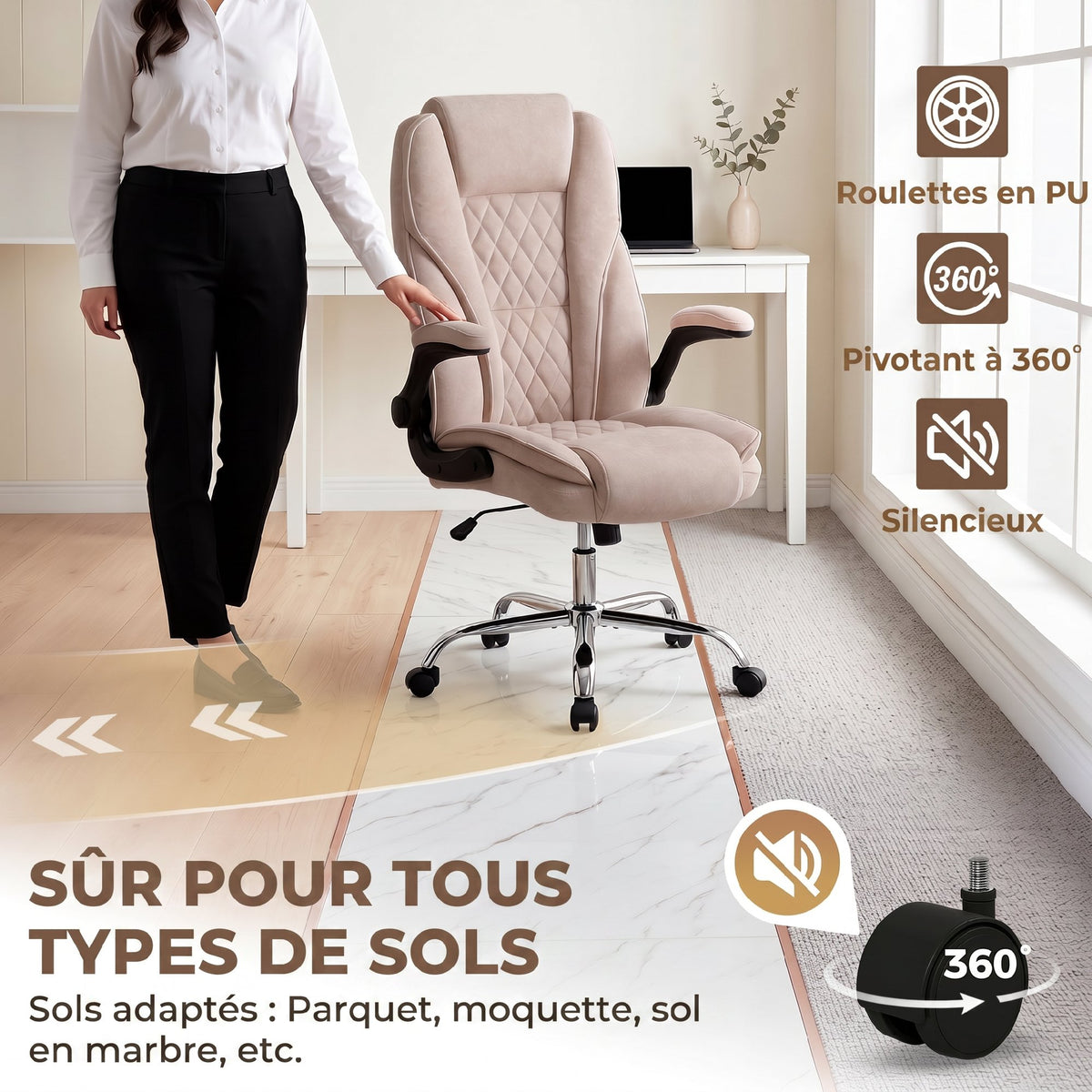 Fauteuil de bureau, chaise bureau ergonomique, hauteur réglable, accoudoirs relevables, 70 x 70 x 114-122 cm, rose-6
