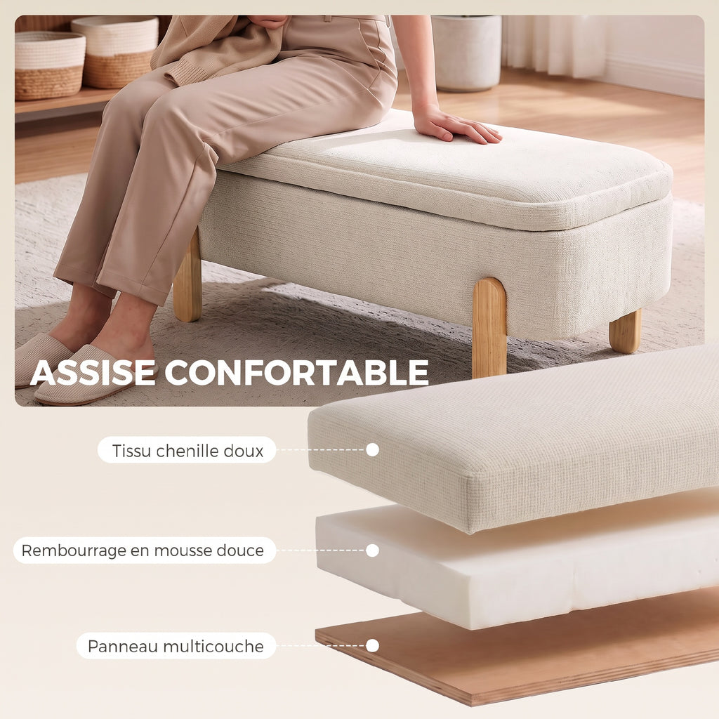 Banc Coffre de Rangement 108 cm, Bout de Lit en Chenille avec Pieds en Bois, Style Moderne, Charge Max. 220 kg, Beige-4