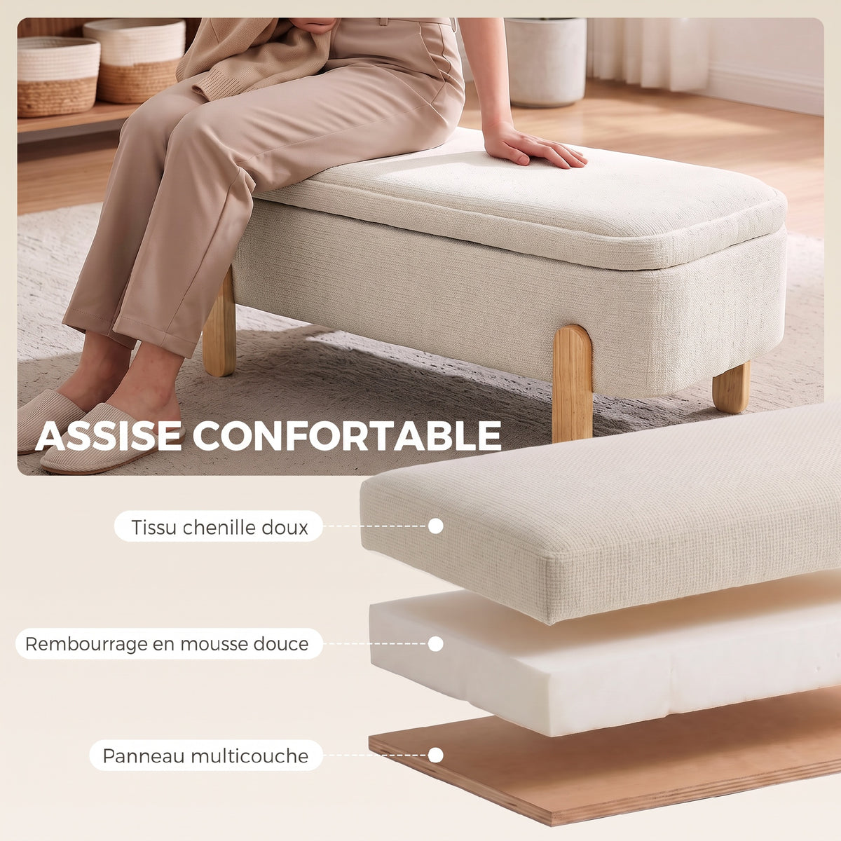 Banc Coffre de Rangement 108 cm, Bout de Lit en Chenille avec Pieds en Bois, Style Moderne, Charge Max. 220 kg, Beige-4