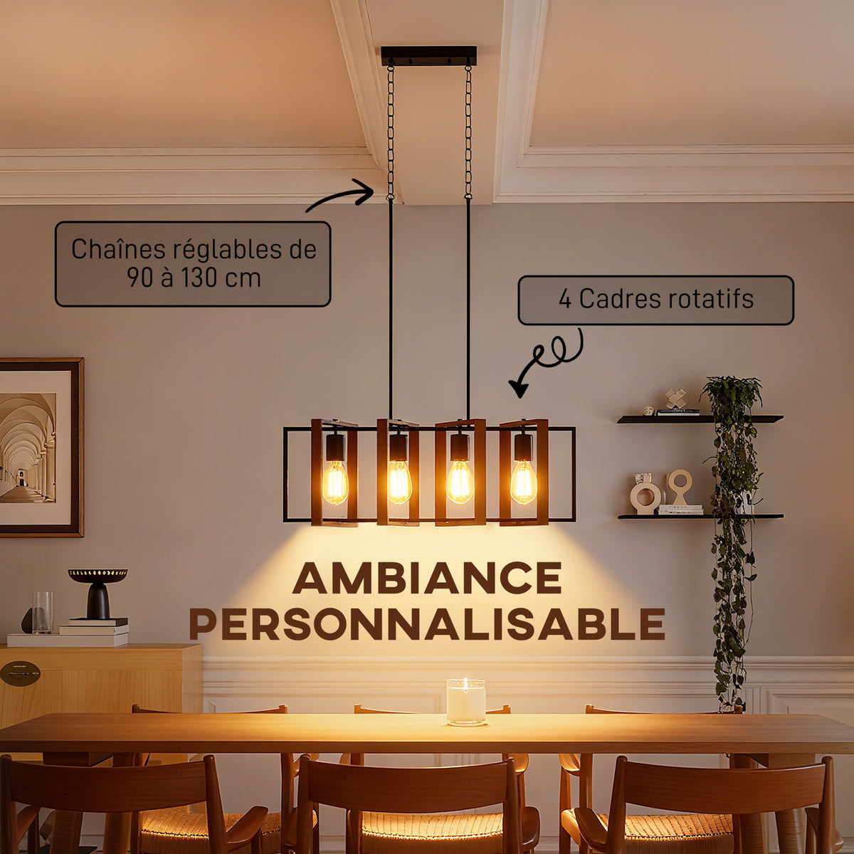 Suspension luminaire moderne, lustre plafonnier avec 4 cadres rotatifs et hauteur réglable, 80 x 21 x 90-130 cm, noyer-3