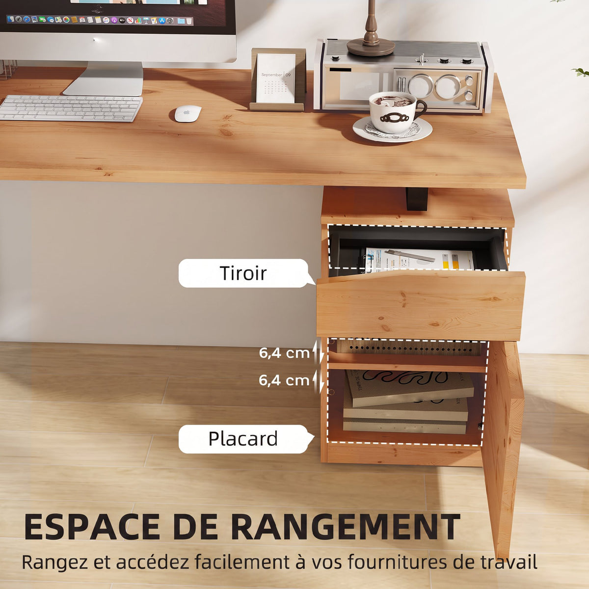 Bureau d'Ordinateur avec Placard et Tiroir 135 x 60 cm, Étagère Réglable, Pieds en Métal, Style Industriel, Bois Naturel-4