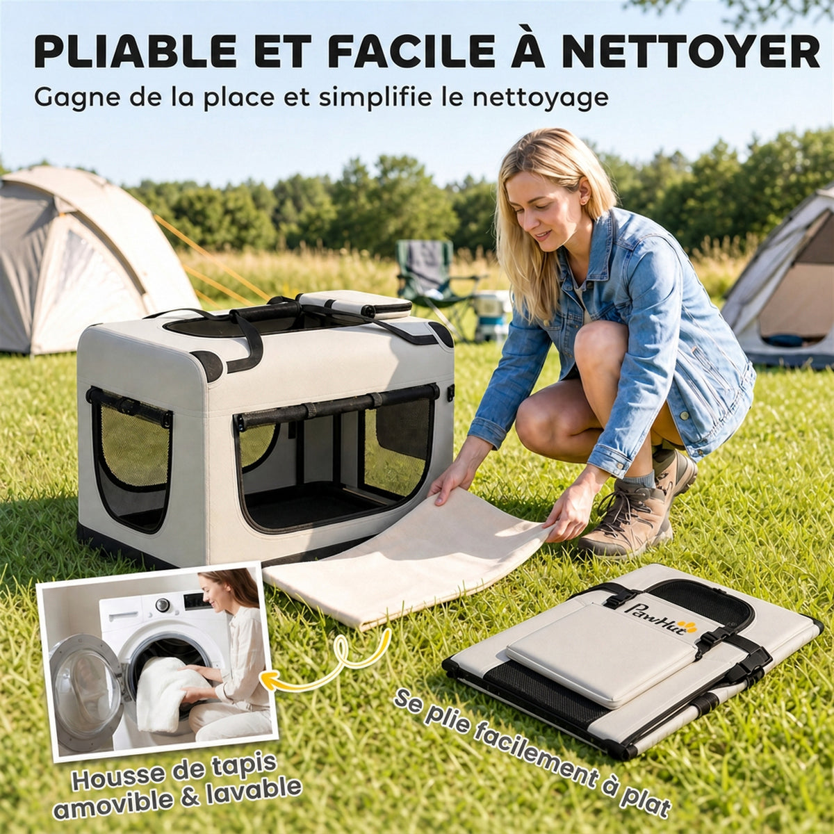 Grand Sac Transport Chat Chien Plaible Respirant Sangle Sécurité Coussin Lavable Gamelle Pliable 81x56x58cm Gris Clair-5
