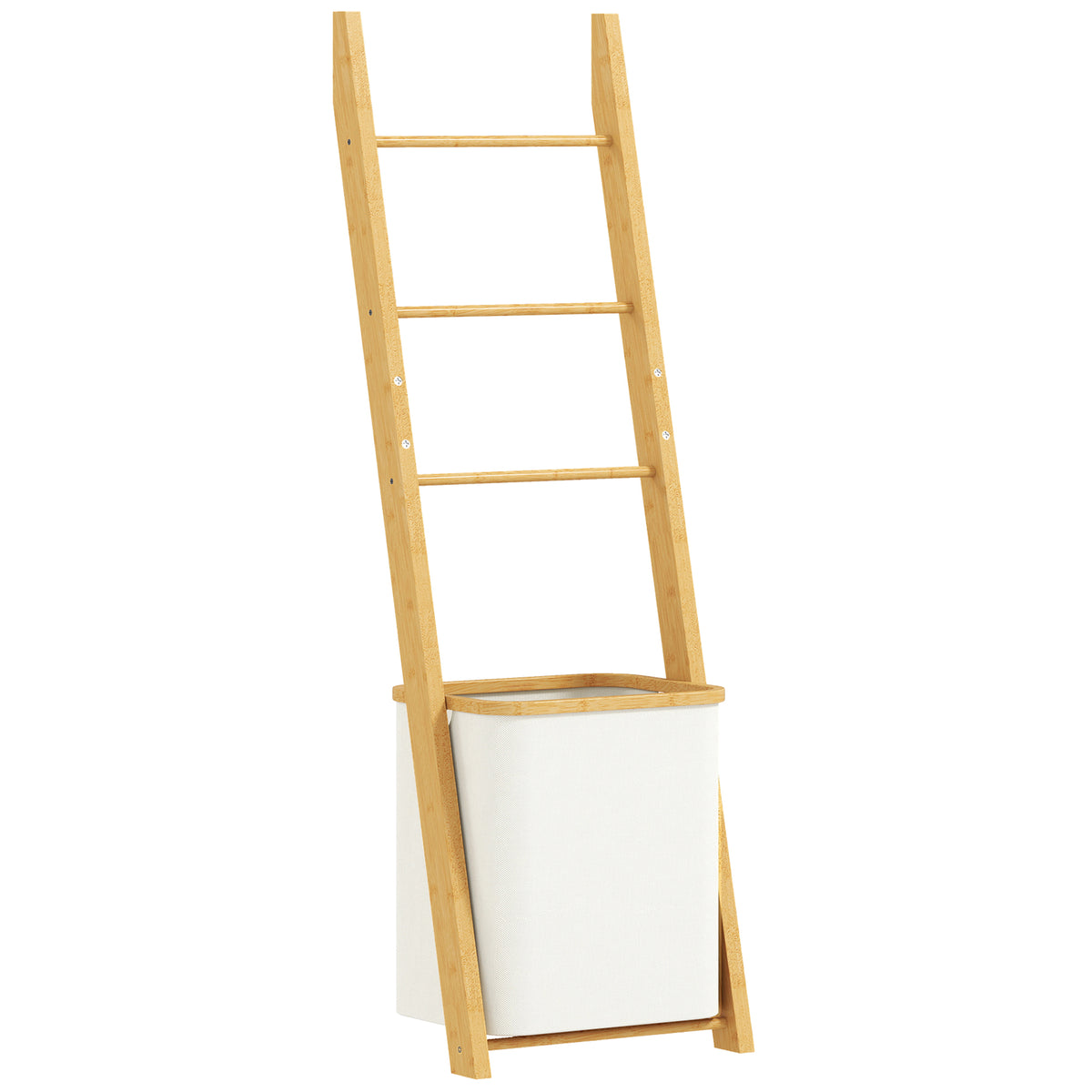 Porte-Serviettes Bambou avec Panier à Linge, Échelle Porte-Serviettes avec 1 Panier à Linge, 43 x 35 x 133 cm, Crème-0
