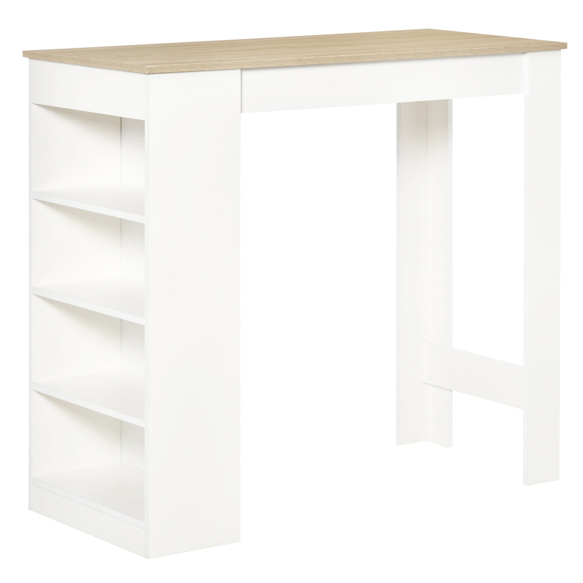 Table de bar pour 2 personnes, table haute mange debout avec 4 étagères ouvertes, 115x50x102,7cm, blanc et bois naturel-0