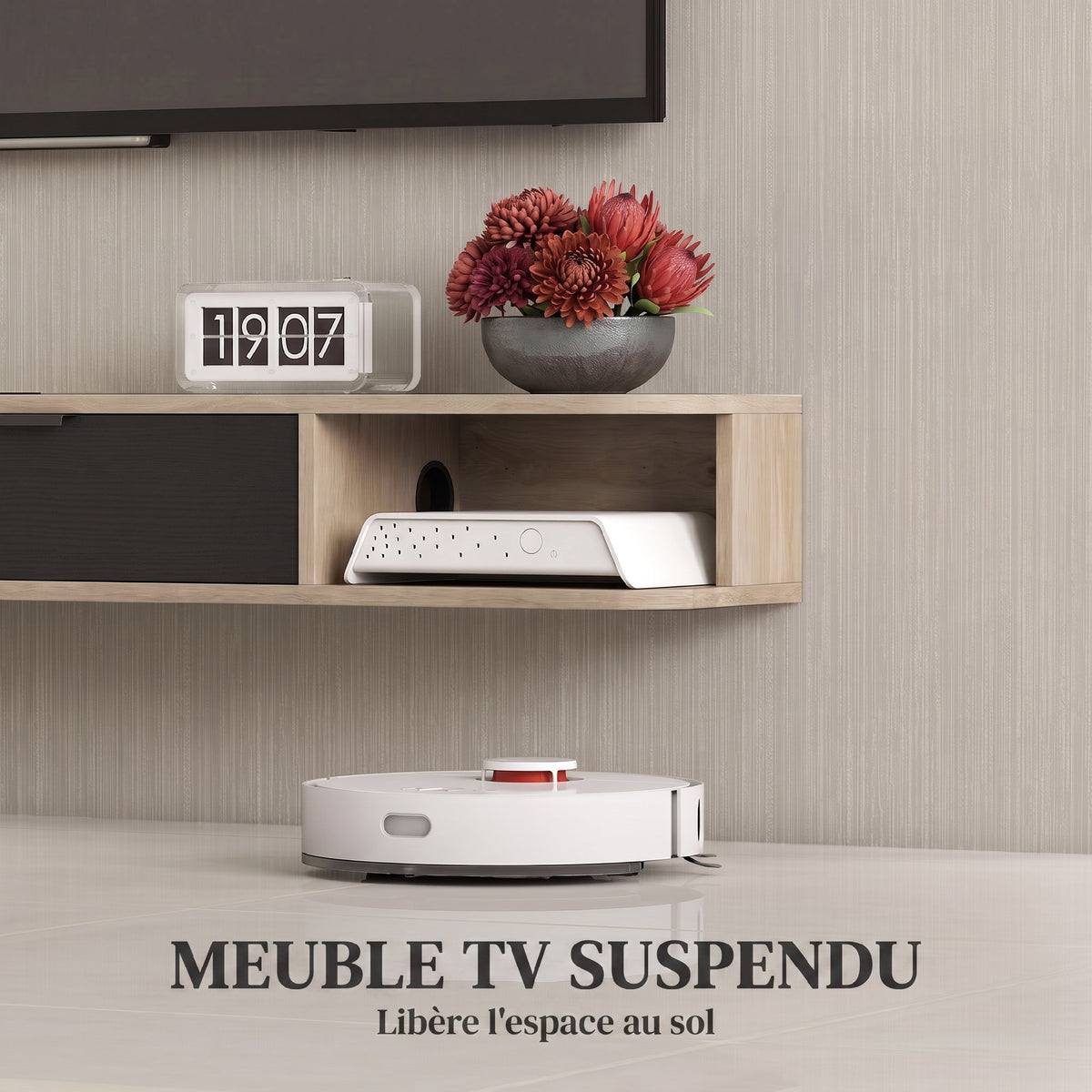 Meuble TV suspendu, meuble télé pour téléviseur jusqu'à 60 pouces, tiroir rabattable 2 étagères 140x24x16cm bois naturel-3