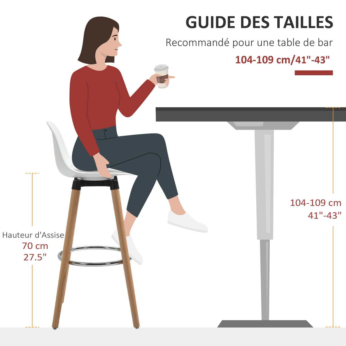 Lot de 4 tabourets de bar style scandinave hauteur 70 cm avec pieds en bois et repose-pieds en acier - blanc-3
