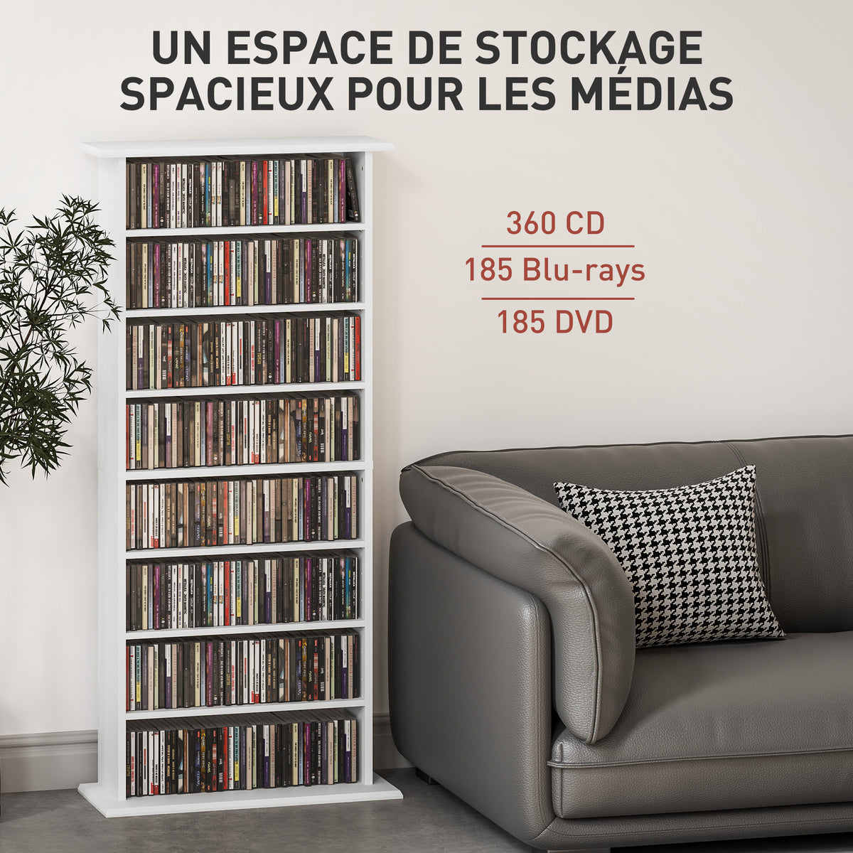 Rangements pour CD et DVD avec 8 compartiments et 6 étagères réglables, capacité max. 360 CD/185 DVD et Blu-ray, blanc-3